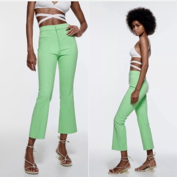 Zara/ Bloggers Fav Cropped Flare Pant/ Apple Green/ Size US L - Picture 1 of 10